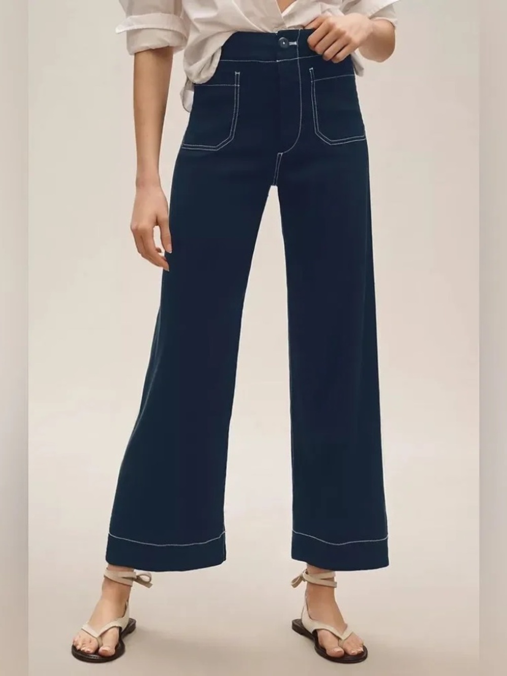 Anthropologie The Colette Contrast-Stitch Cropped Wide-Leg Pants Size 29 - Picture 4 of 8
